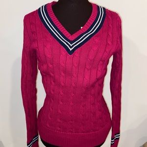Ralph Lauren VNeck Cable Knit Sweater with Stripes